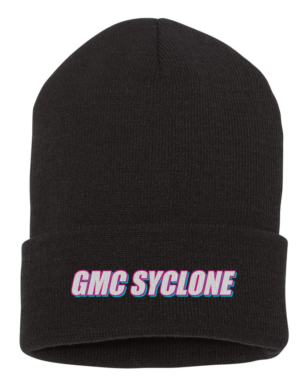 Gmc Syclone black beanie front view with car name