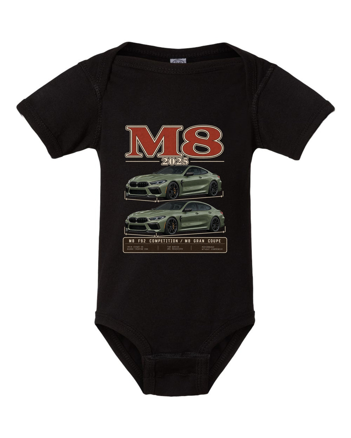 BMW M5 Touring 2025 archive panel print on a tee black baby onesie front view with the design