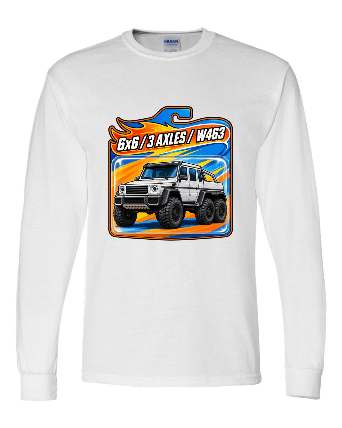 Toy blister card graphic of a Mercedes G63 6x6 W463 with three axles, print white long sleeve front view with the design
