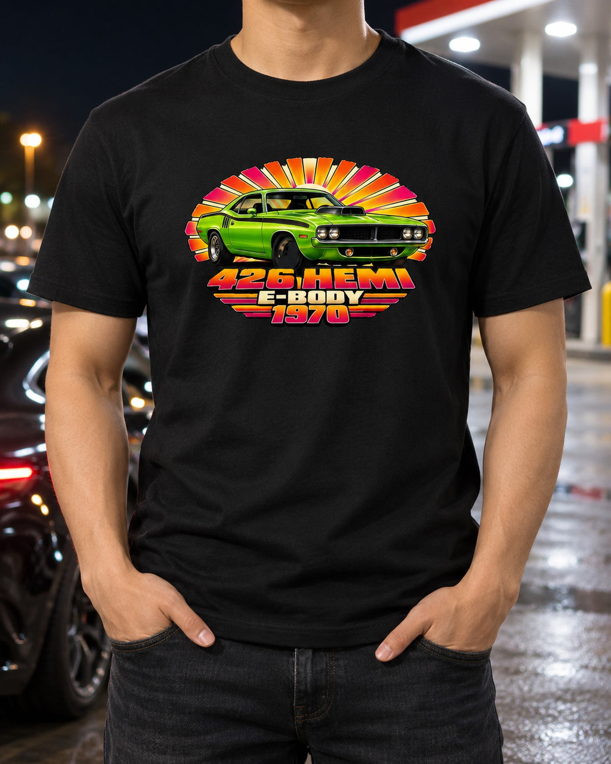1970 Plymouth Hemi Cuda E-Body Sunset Shaker Shirt T-Shirt Black worn hero