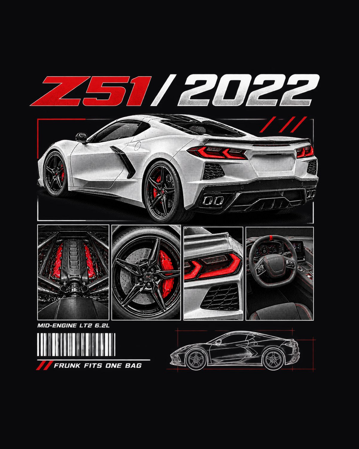 Corvette C8 Stingray Z51 2022 Dossier Panels Graphic Tee design only