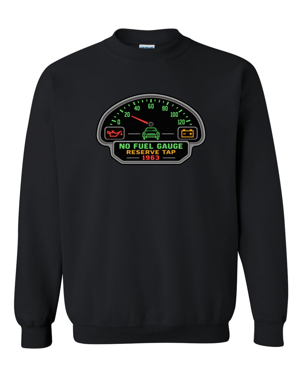 Pixel LED segmented display print of a 1963 VW Beetle Type 1 dashboard with fuel gauge joke black crewneck front view with the design