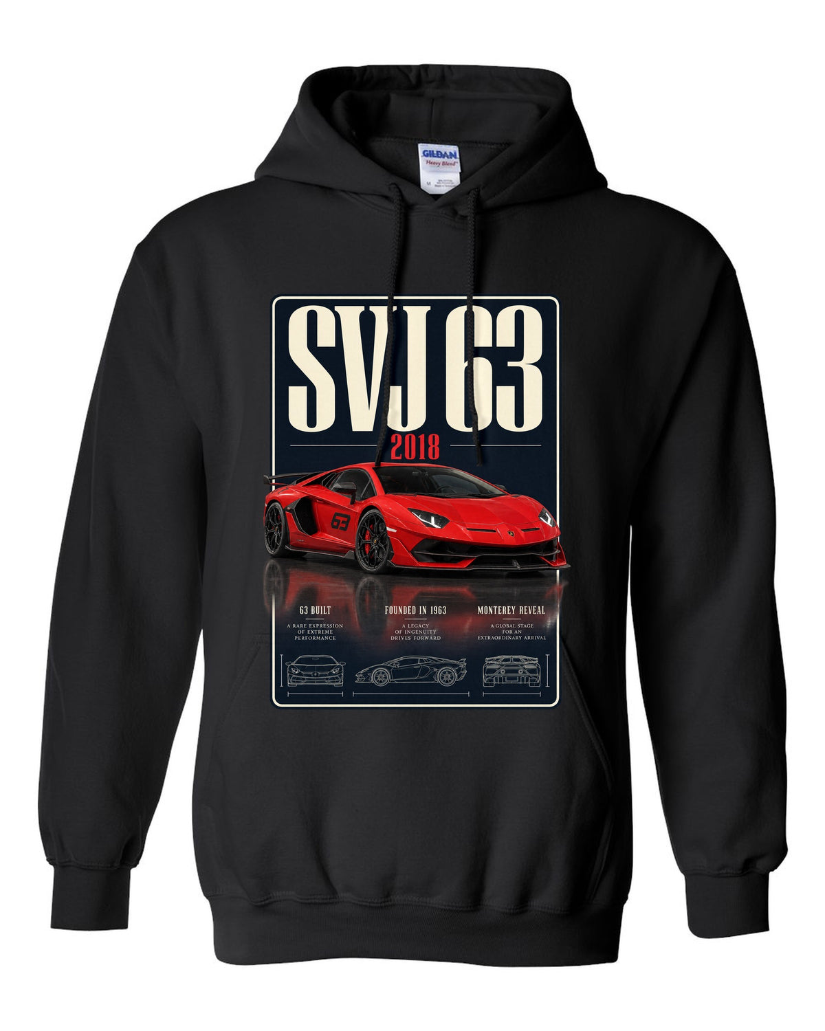 Archive panel print of the Lamborghini Aventador SVJ 63 limited edition black pull over hoodie front view with the design