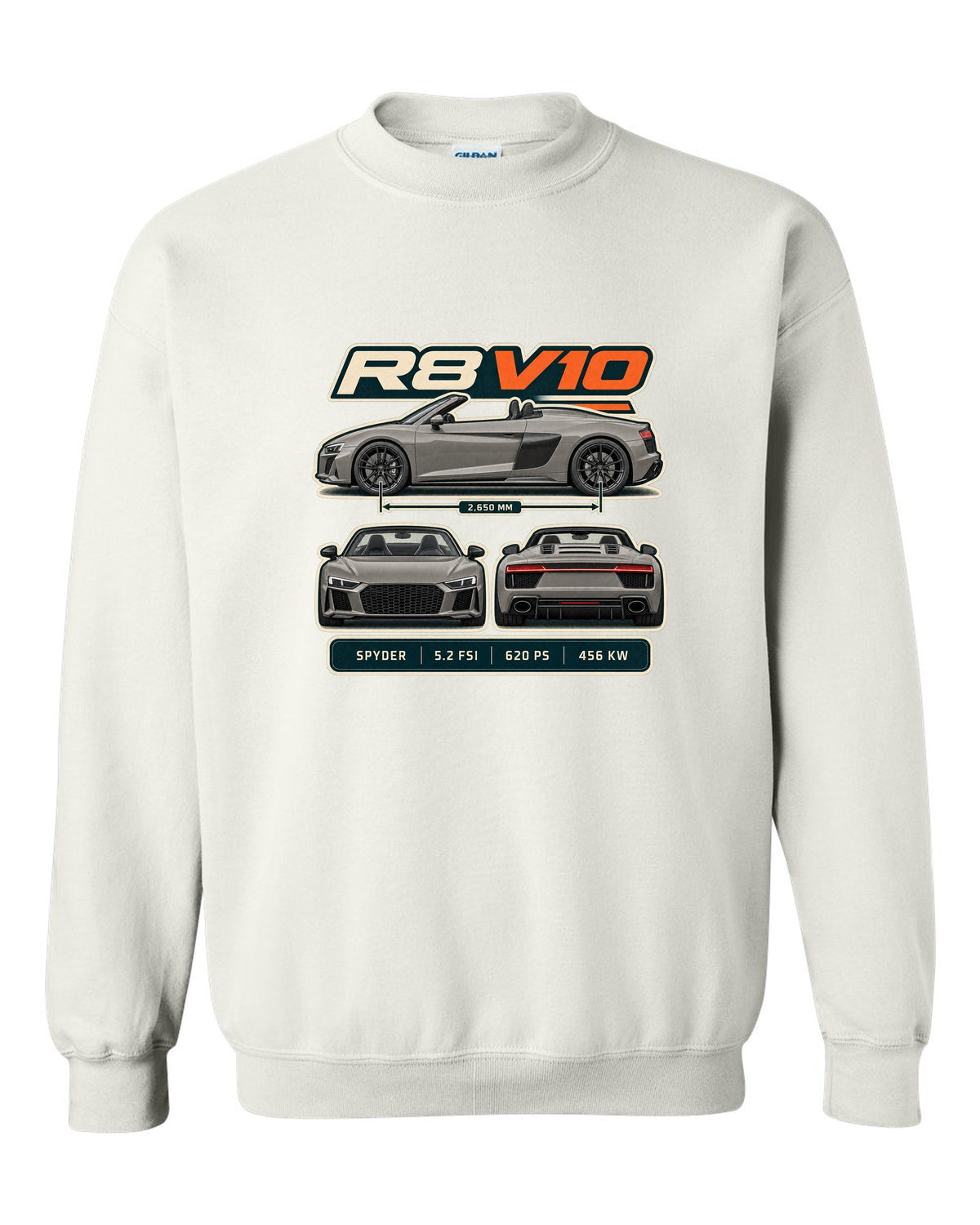 Audi R8 Spyder V10 performance three-view spec table print design white crewneck front view with the design