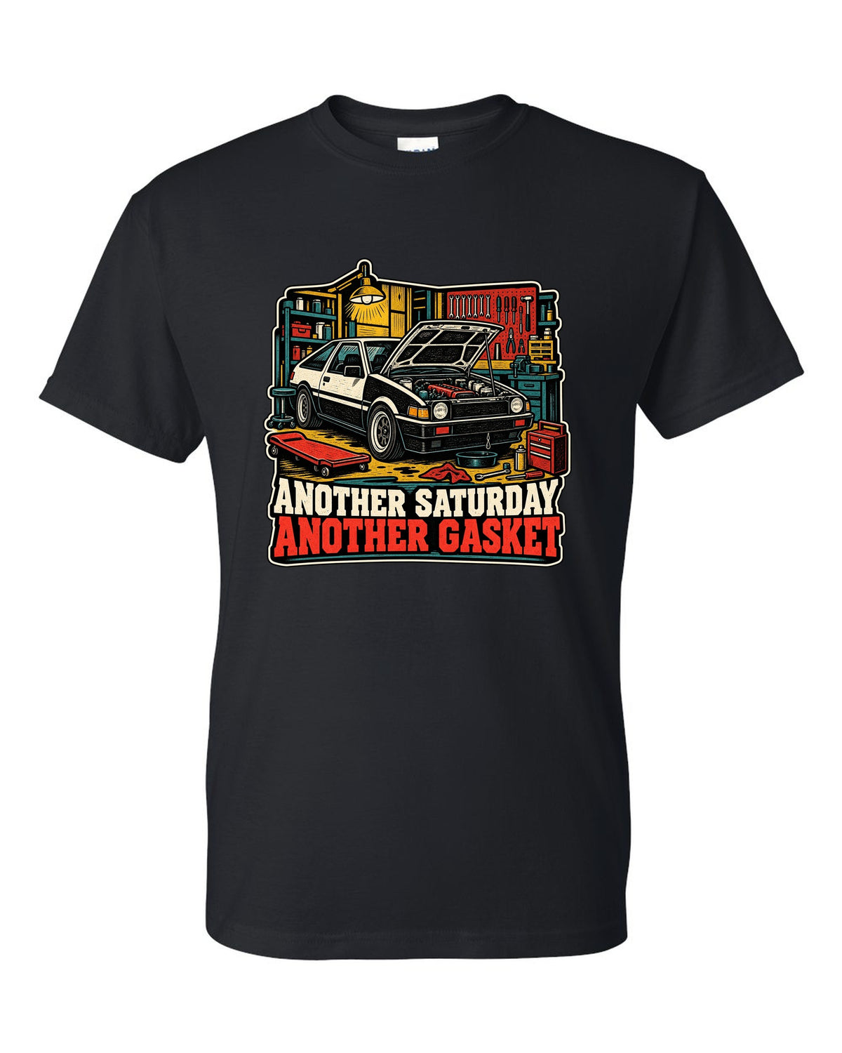 Linocut woodcut-style Toyota Corolla Levin AE86 with garage Saturday slogan black t-shirt front view with the design