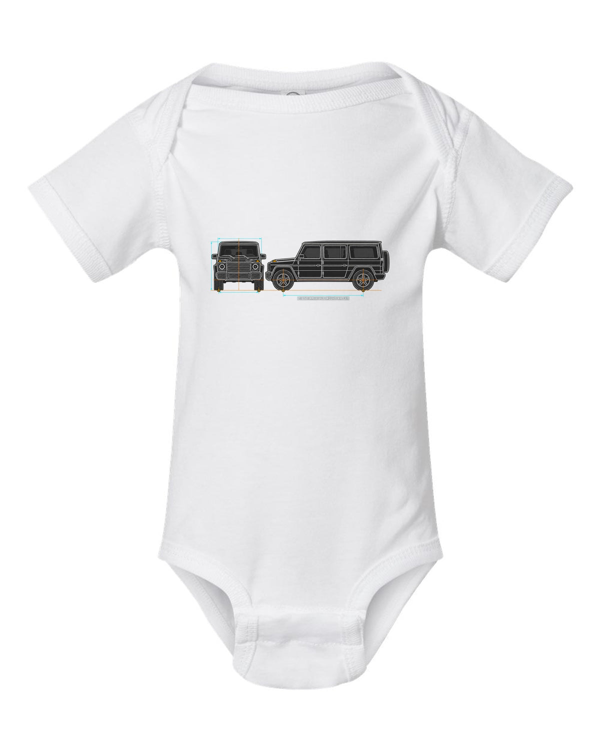 Neon outline graphic of a Mercedes SLS AMG C197 with gullwing doors open, print white baby onesie front view with the design
