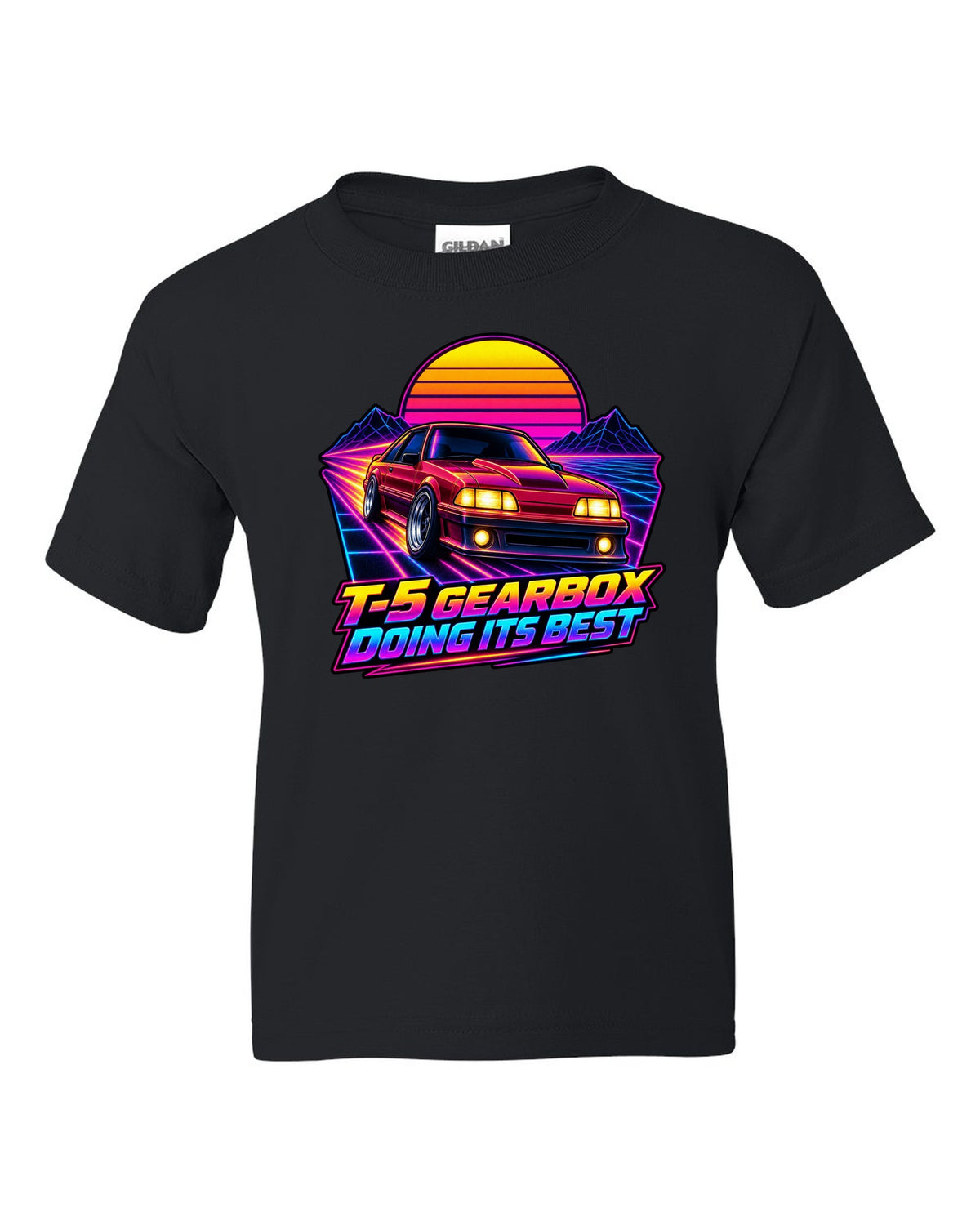 Synthwave sunset grid print of a Ford Mustang Fox Body GT with T-5 gearbox text black kids tee front view with the design