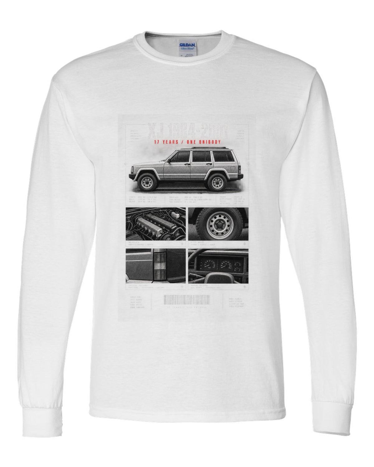 Jeep Cherokee XJ dossier panel print marking 1984 to 2001 white long sleeve front view with the design