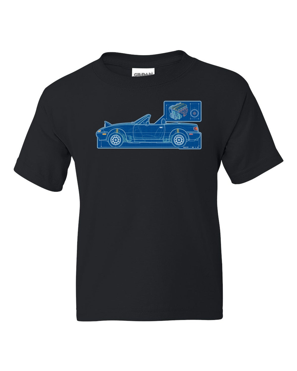 Sticker-bomb collage of a Mazda MX-5 NC rear with MZR 2.0 167 HP text black kids tee front view with the design