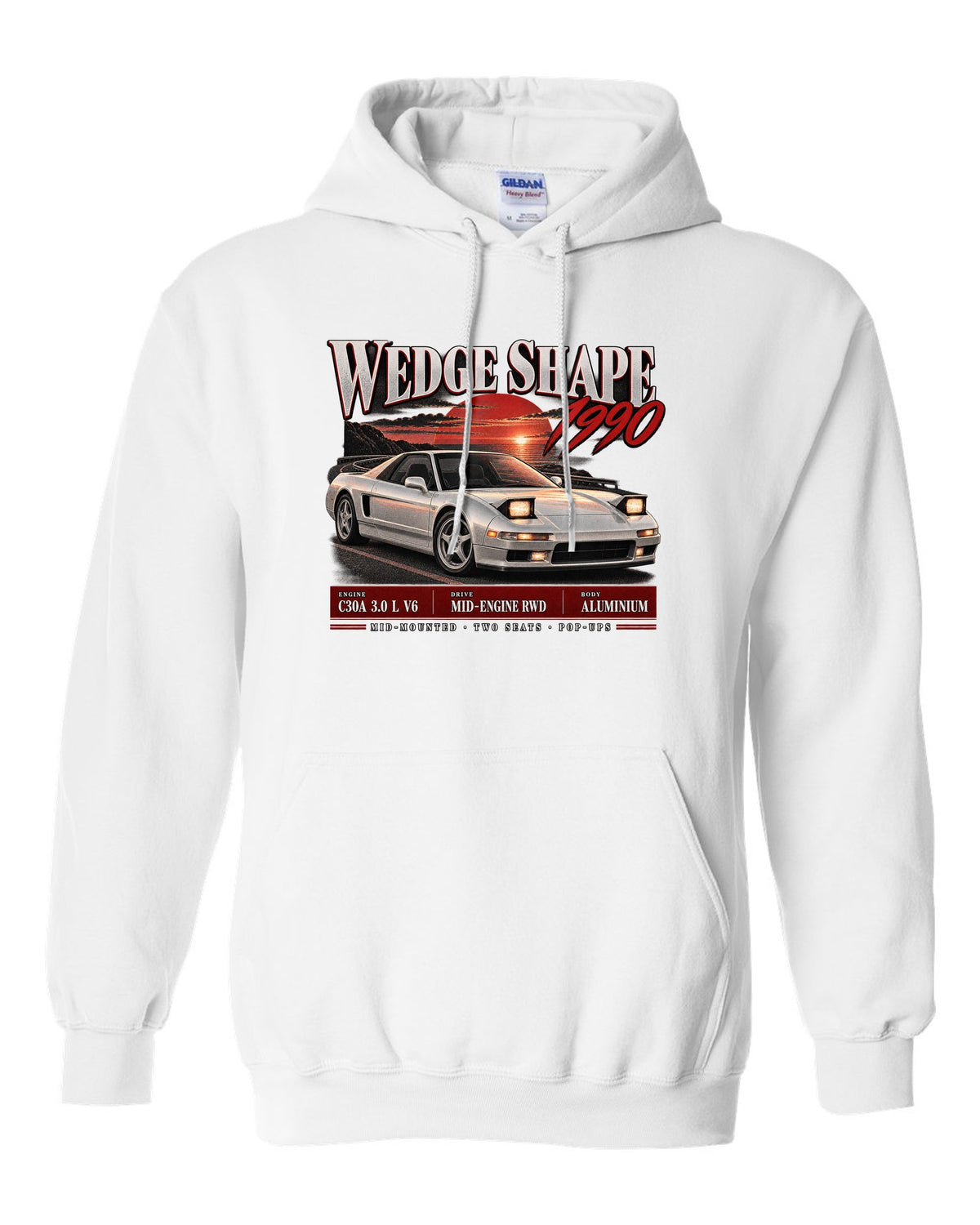 Honda NSX NA1 archive panel design with wedge shape 1990 text white pull over hoodie front view with the design