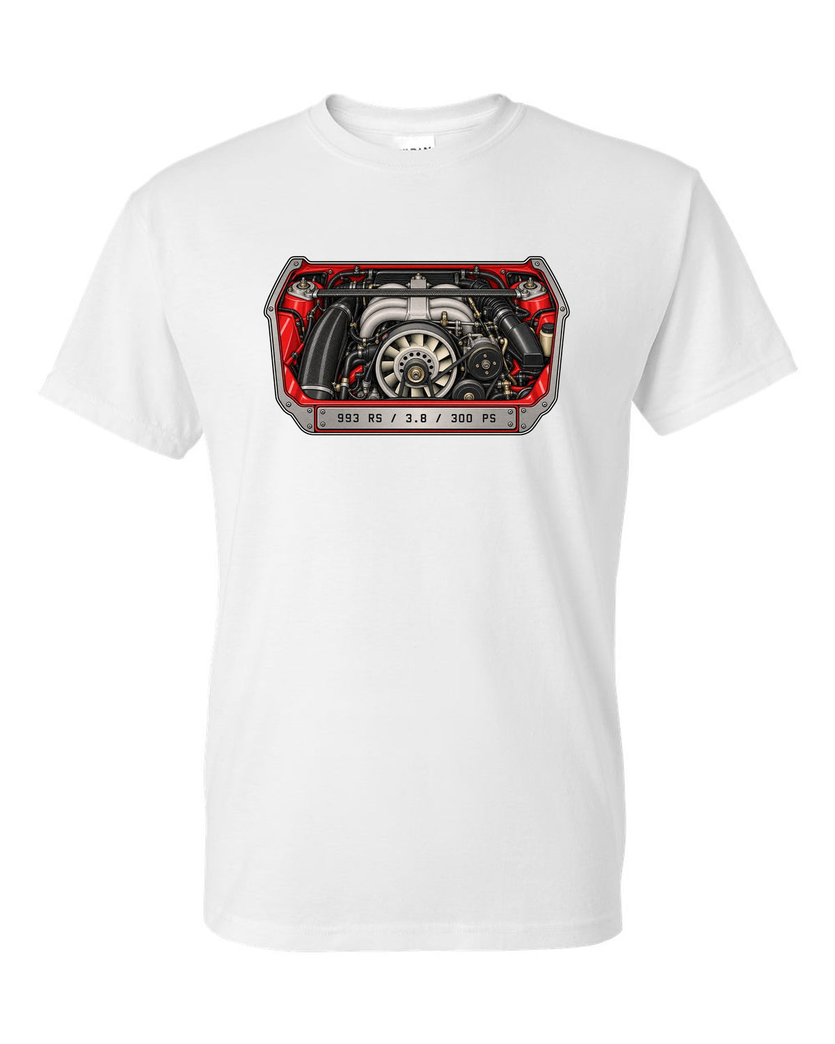 Porsche 901 topographic route map design with 1964 and 130 PS lettering white t-shirt front view with the design