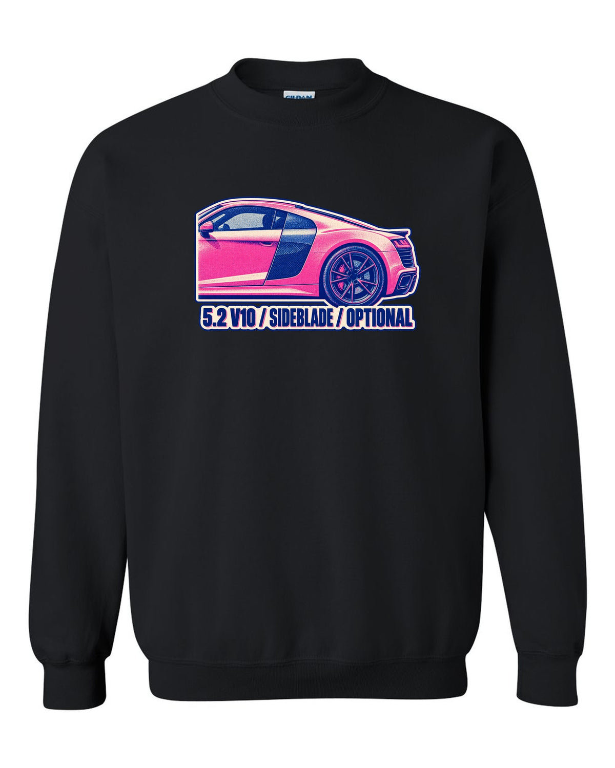 Risograph two-ink print of an Audi R8 4S with 5.2 V10 and Sideblade text black crewneck front view with the design