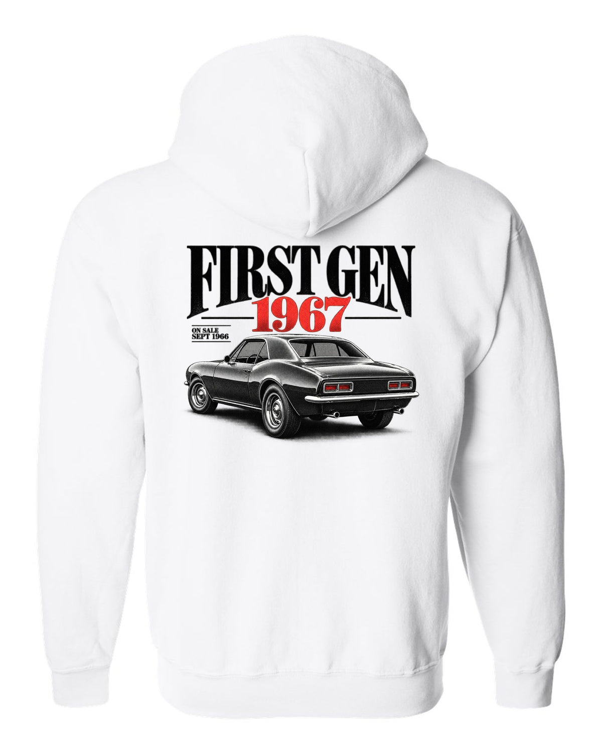 Editorial headline print of a 1967 first-gen Chevrolet Camaro with September 1966 on-sale date white zip hoodie back view with the design