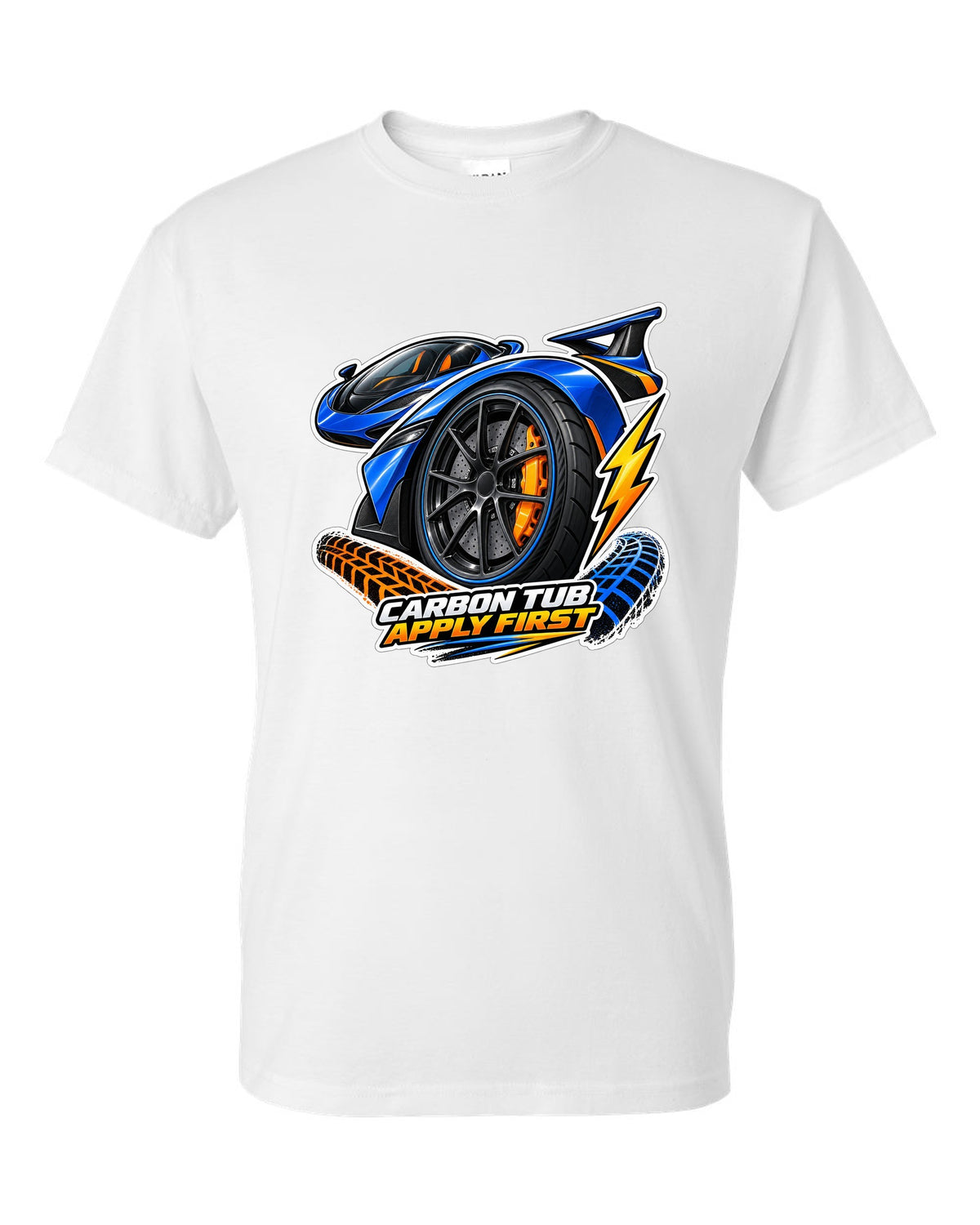 Sticker-bomb collage print for the 2017-2022 Ford GT with carbon tub text white t-shirt front view with the design
