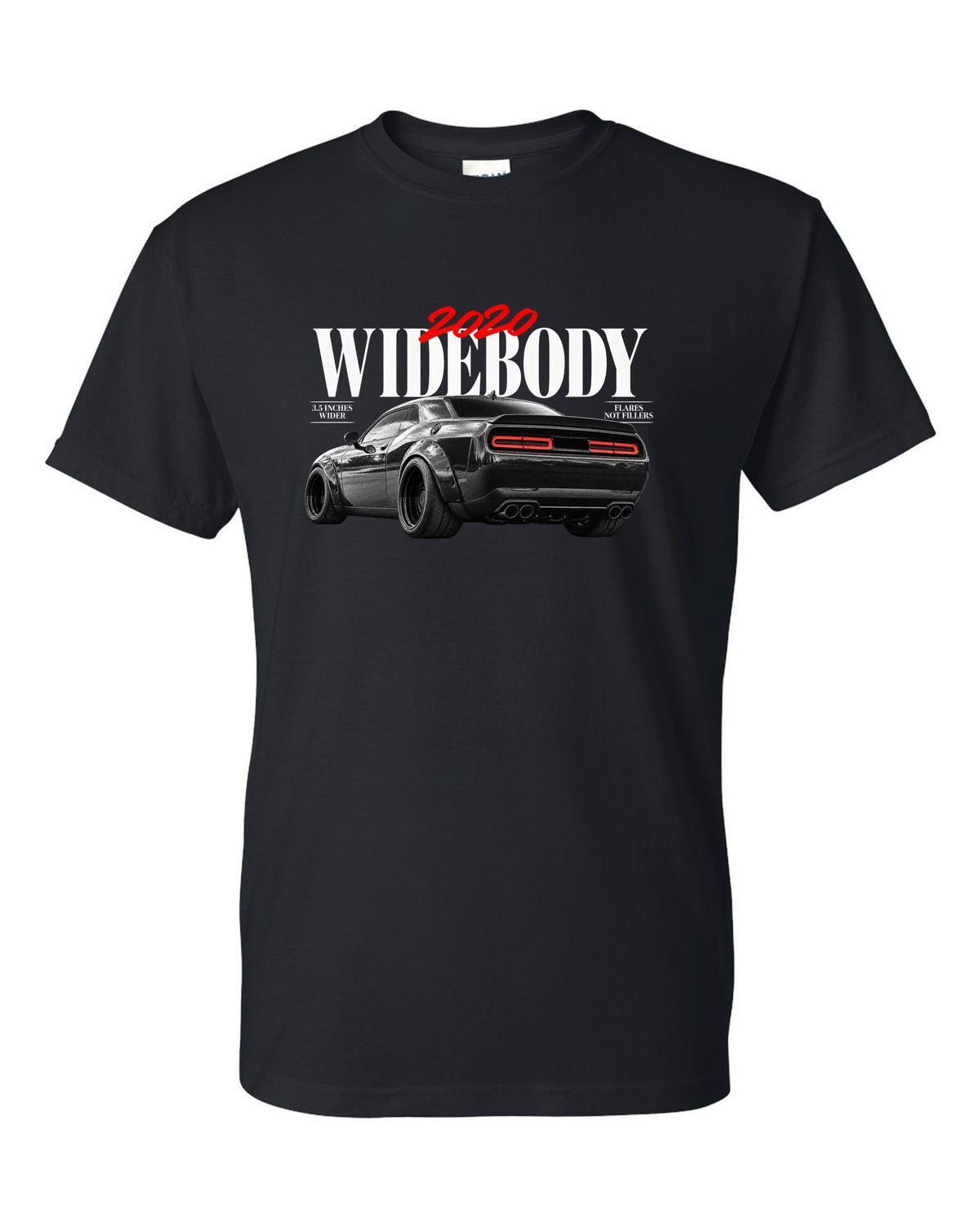 Editorial headline print of a 2020 Dodge Challenger Scat Pack Widebody with 3.5 inches wider text black t-shirt front view with the design