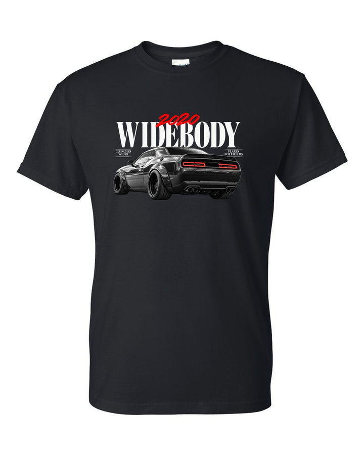 Editorial headline print of a 2020 Dodge Challenger Scat Pack Widebody with 3.5 inches wider text black t-shirt front view with the design