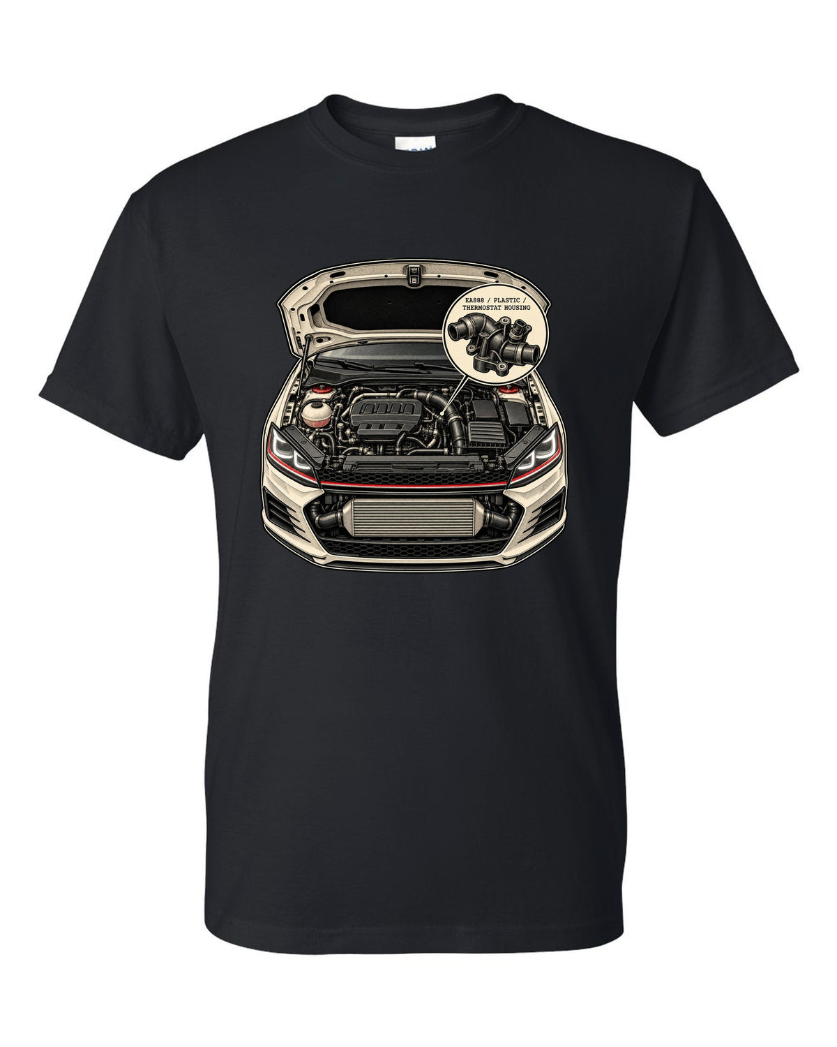 Patent line art of a VW Golf Mk7 GTI engine bay labelled EA888 plastic thermostat housing black t-shirt front view with the design