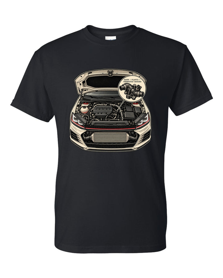 Patent line art of a VW Golf Mk7 GTI engine bay labelled EA888 plastic thermostat housing black t-shirt front view with the design