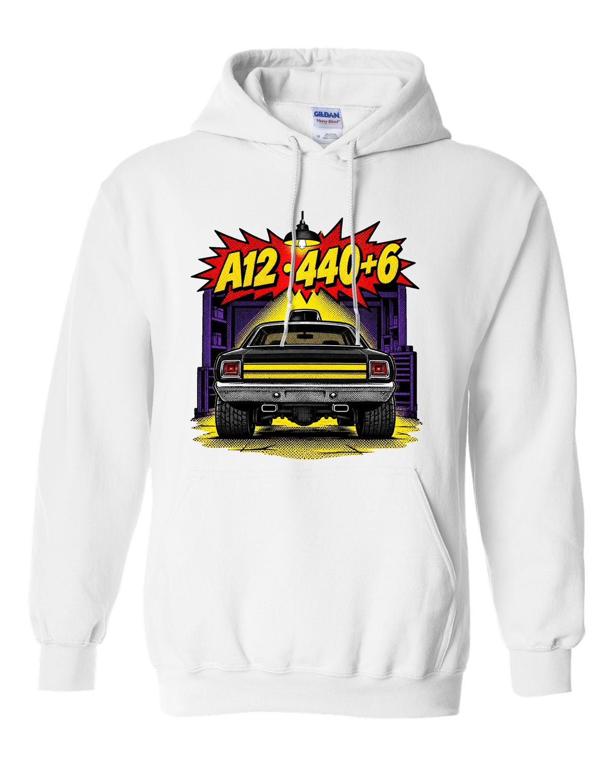 1969 Dodge Coronet Super Bee A12 comic halftone pop-art print with A12 440+6 text white pull over hoodie front view with the design