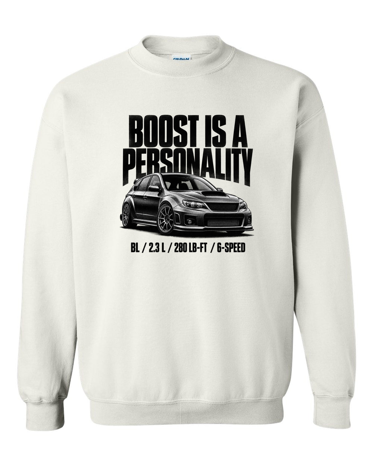 Halftone carbon print of a Mazdaspeed3 BL with boost lettering white crewneck front view with the design