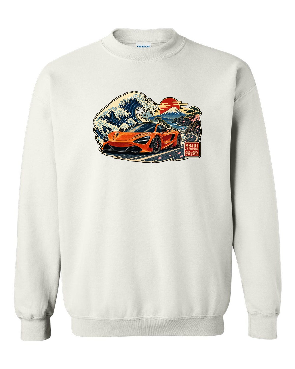 Ukiyo-e woodblock wave print of a McLaren 720S with M840T and 4.0 Twin-Turbo lettering white crewneck front view with the design