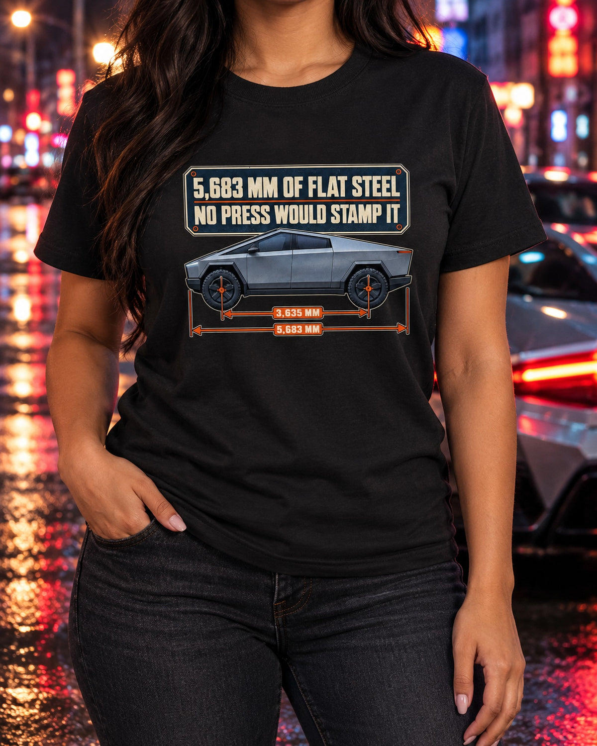 Tesla Cybertruck Dimension Blueprint Shirt, Flat Steel Print T-Shirt Black worn hero