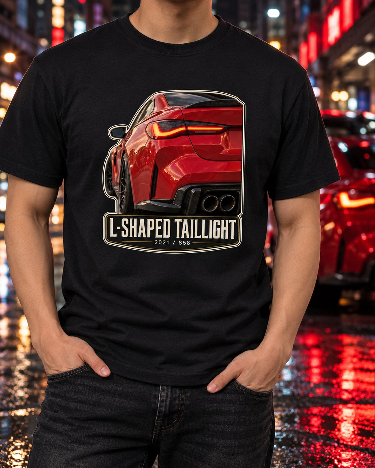 BMW M4 Competition G82 Taillight Macro Tee, S58 Car Guy Shirt T-Shirt Black worn hero