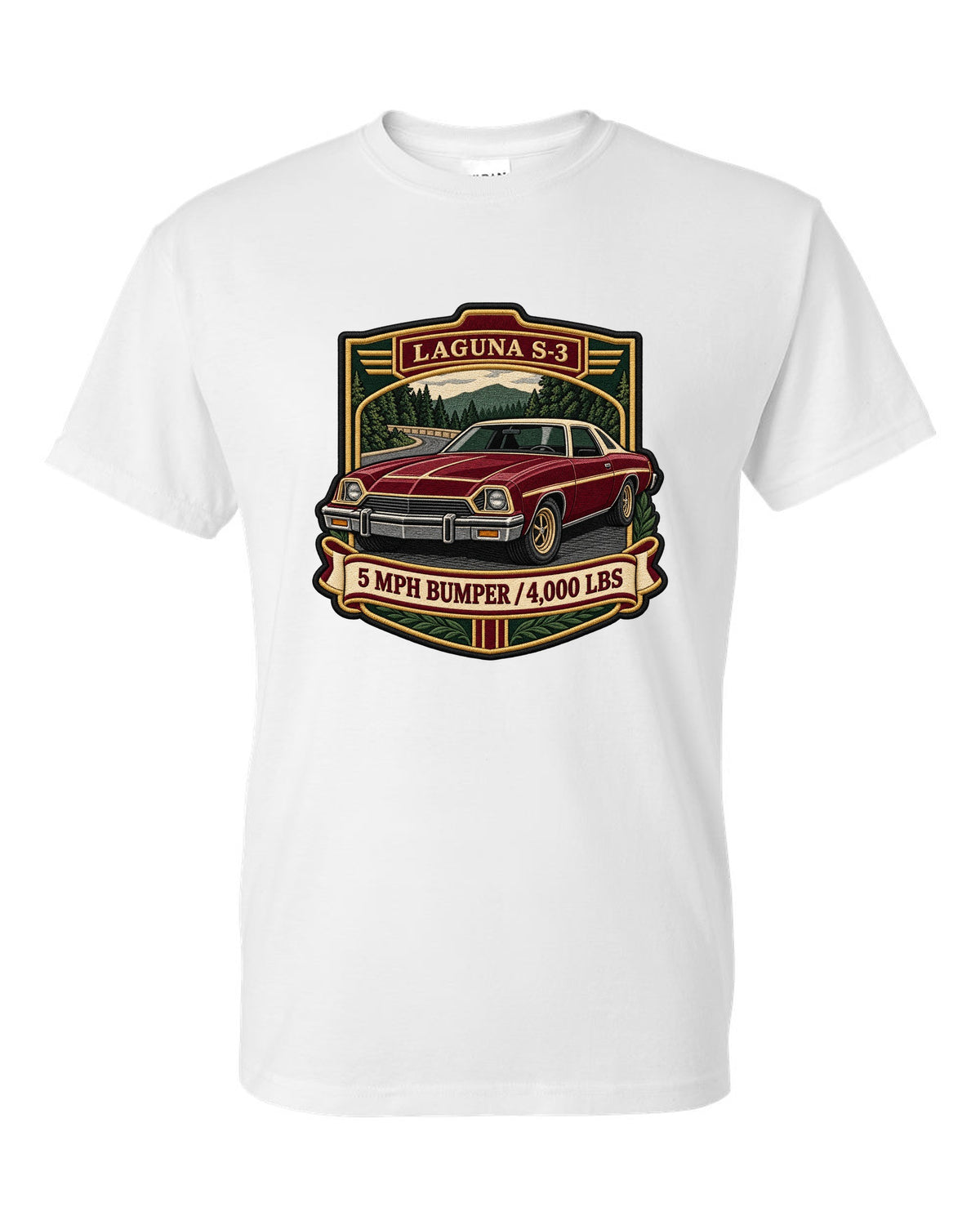 Embroidery patch style crest illustration of a 1973 Chevrolet Chevelle Laguna S-3 white t-shirt front view with the design