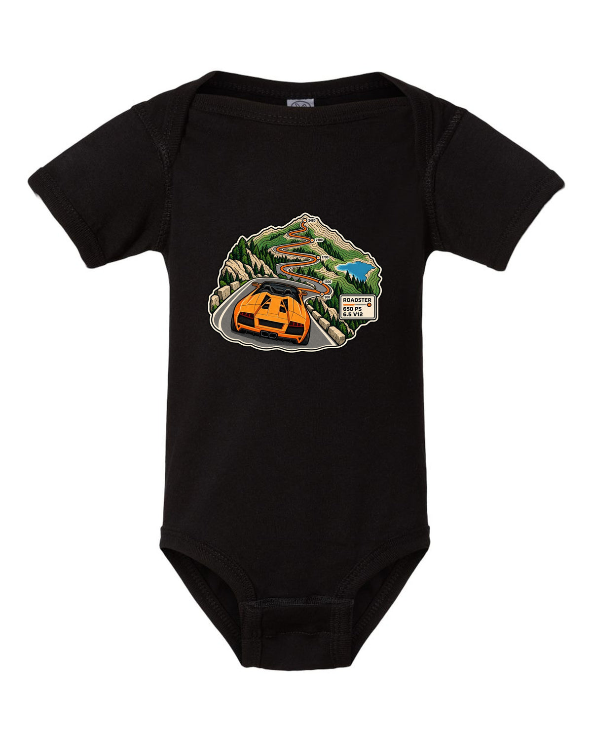 Topographic route map of a 2010 Lamborghini Murcielago LP650-4 Roadster with 650 PS and 6.5 V12 black baby onesie front view with the design