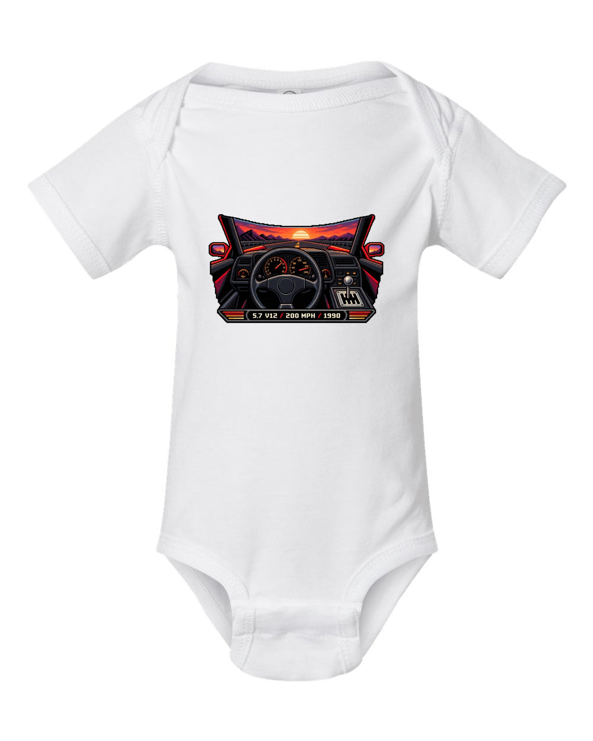 Pixel art Lamborghini Diablo from 1990 with gated shifter and 5.7 V12 200 MPH lettering white baby onesie front view with the design