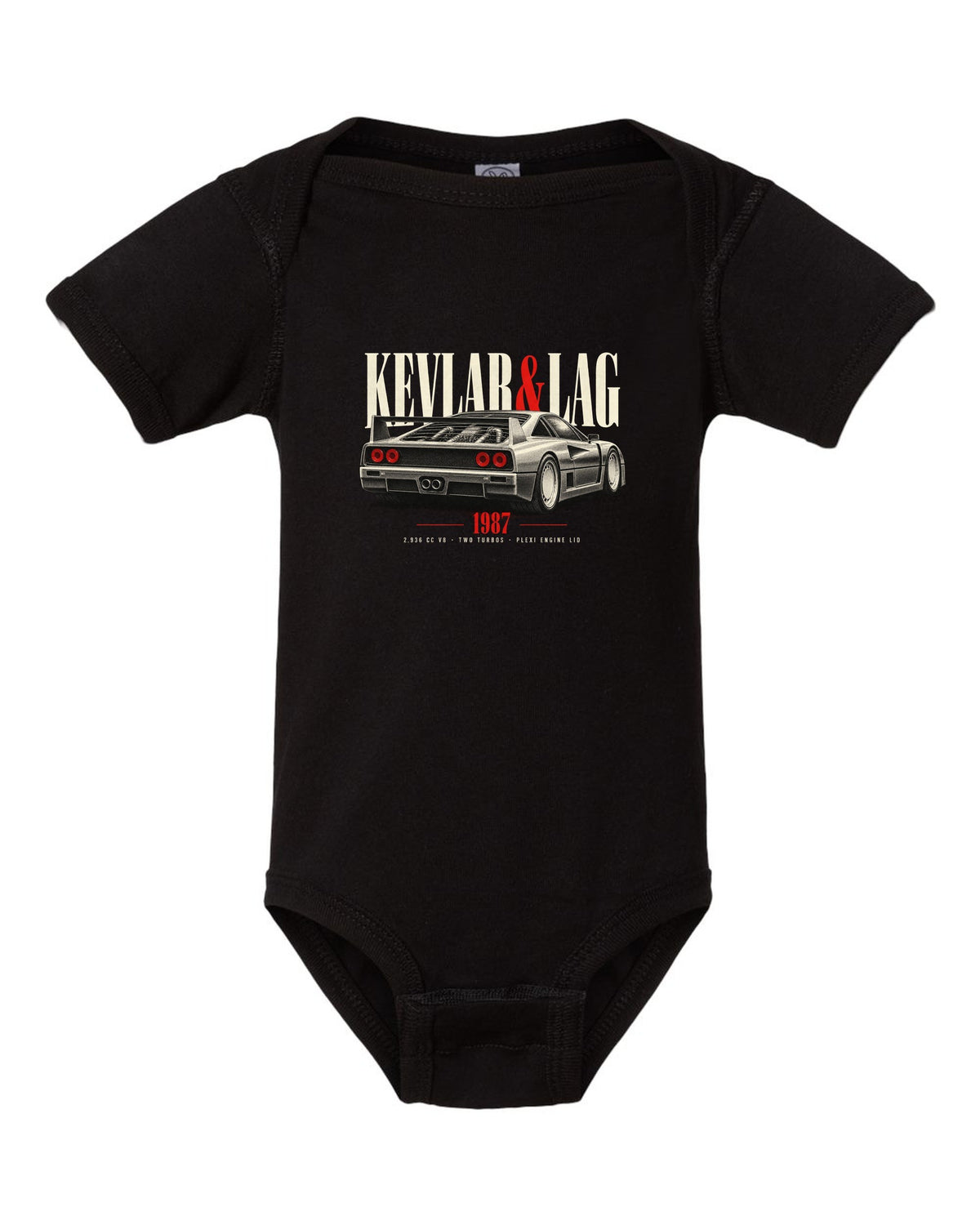 Ferrari F40 1987 rear three-quarter print headed Kevlar and Lag, 2,936 cc V8 black baby onesie front view with the design