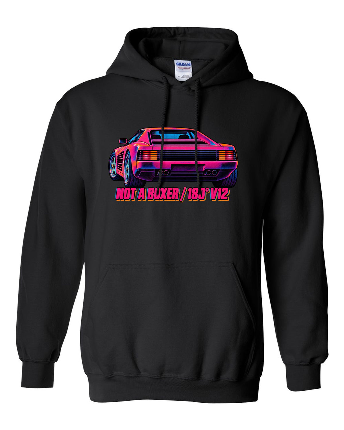 Neon-lit risograph print of the Ferrari Testarossa F110 with the text not a boxer, 180 degree V12 black pull over hoodie front view with the design