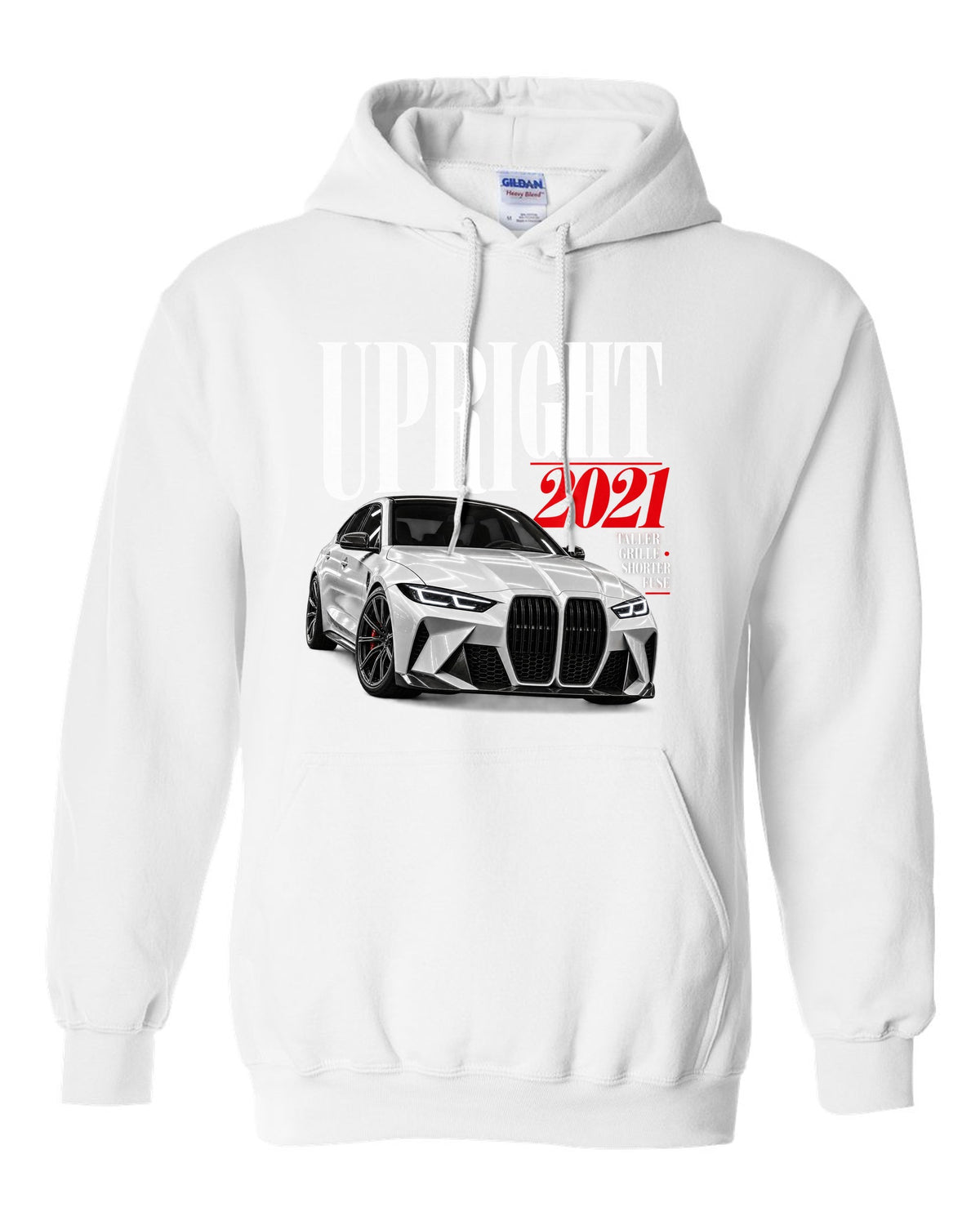 BMW G80 M3 editorial print with upright 2021 headline and grille tagline white pull over hoodie front view with the design