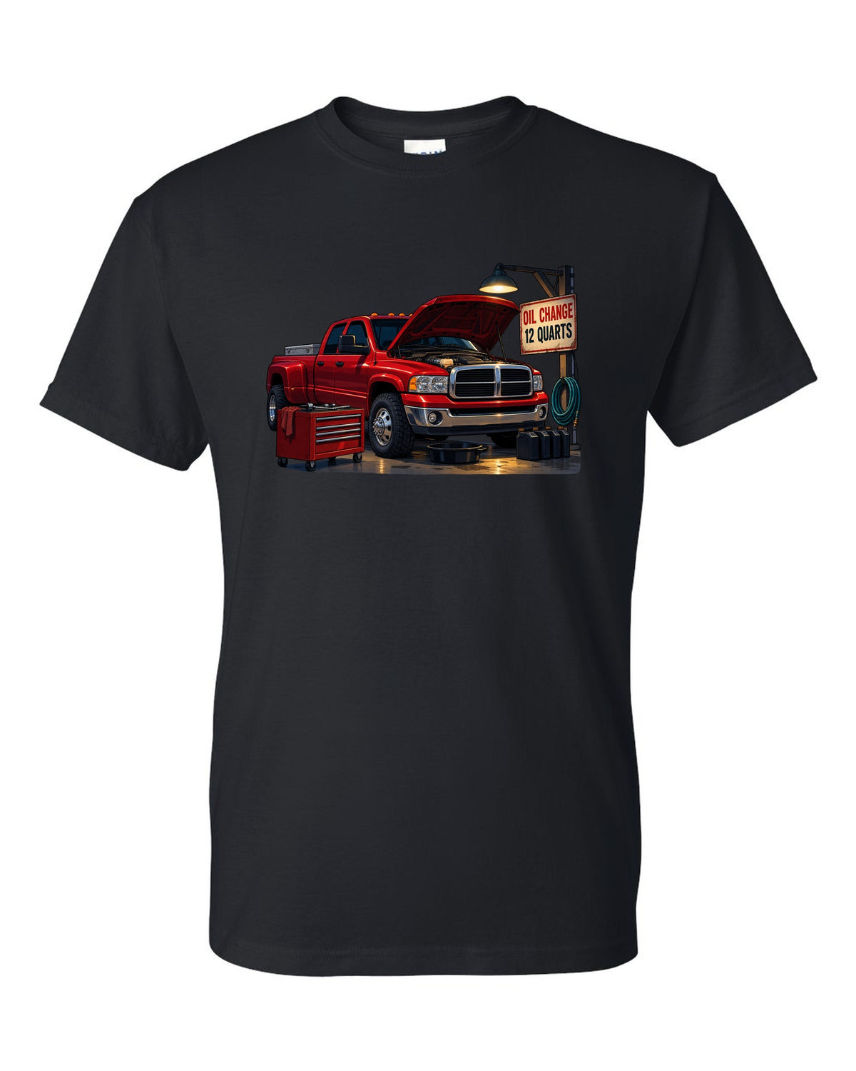 Cel-shaded anime night garage print of a red 2003-2009 Dodge Ram 3rd gen diesel with oil change text black t-shirt front view with the design