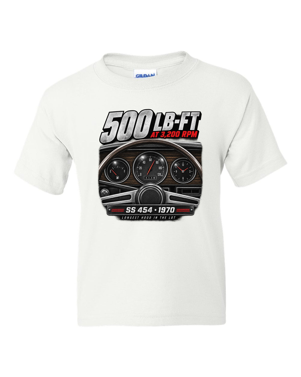 1970 Monte Carlo SS 454 gauge cockpit print with 500 lb-ft torque text white kids tee front view with the design