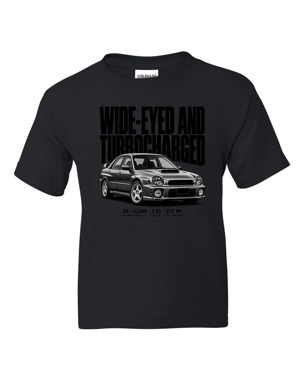 Halftone Subaru Impreza WRX GD Bugeye saloon with wide-eyed and turbocharged text black kids tee front view with the design