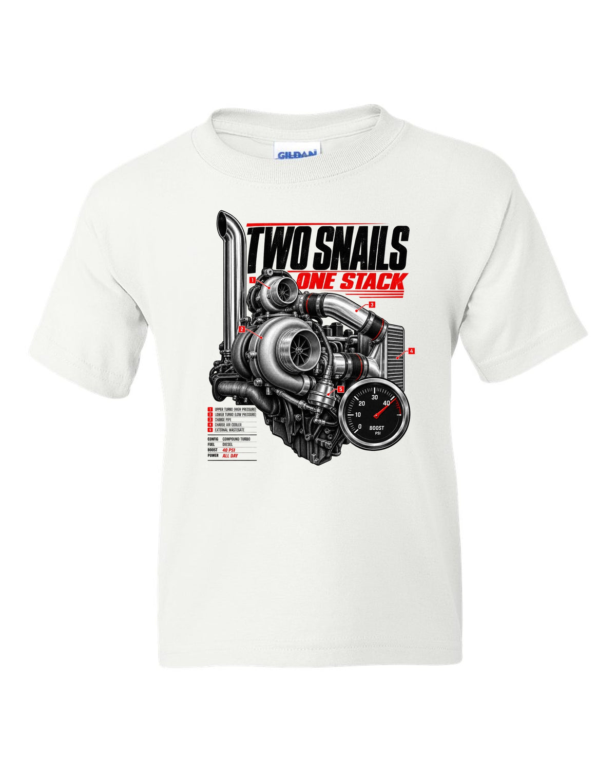 Engine hero print of a compound turbo diesel pickup boost gauge reading 40 psi white kids tee front view with the design