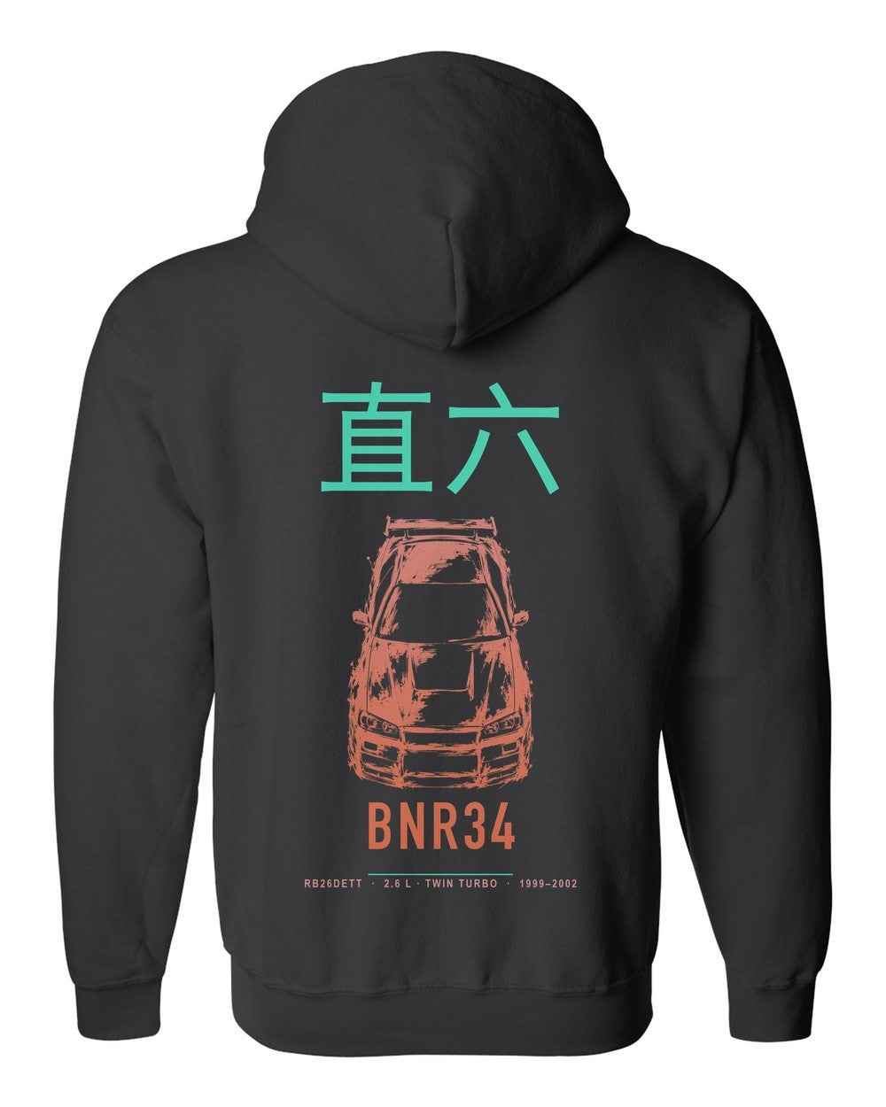 BNR34 full-back artwork black zip hoodie back view with the design