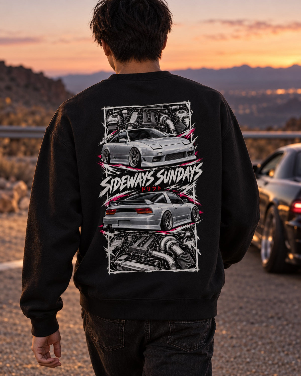 Nissan 180Sx S13 Torn Poster Full-Back Graphic Tee Crewneck Black worn hero