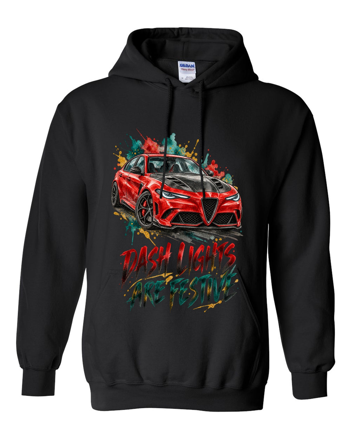 Watercolour ink illustration of an Alfa Romeo Giulia Quadrifoglio 952 with dash lights text on a tee back black pull over hoodie front view with the design