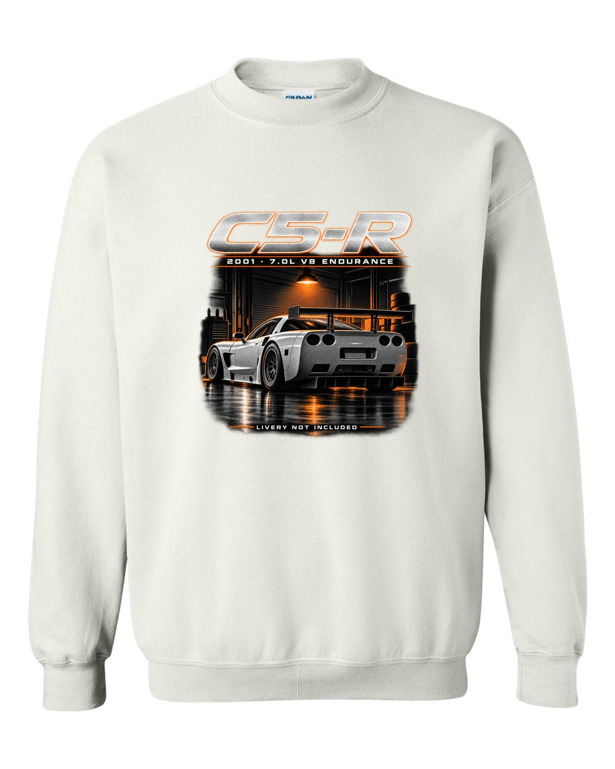 Corvette C5-R race car with big rear wing in a night garage white crewneck front view with the design