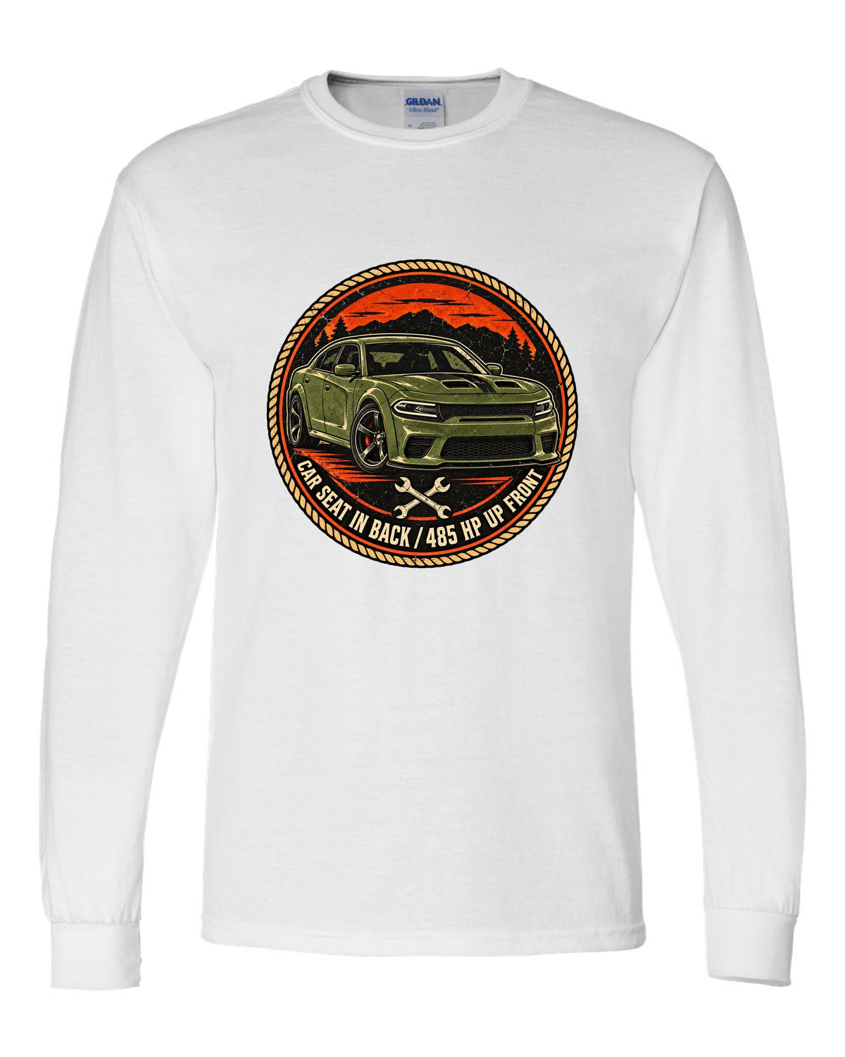 Vintage mechanic roundel patch design of a 2018 Dodge Charger Scat Pack with car seat caption white long sleeve front view with the design