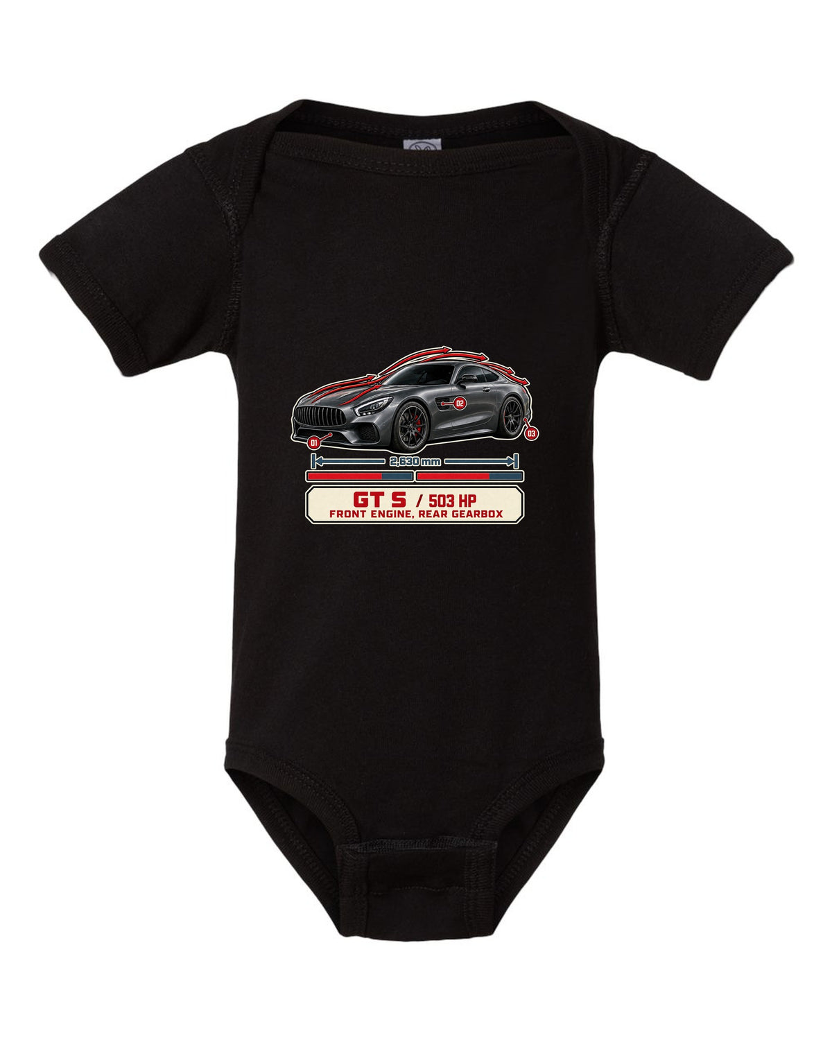 Mercedes-AMG GT S C190 aero cutaway callouts print black baby onesie front view with the design