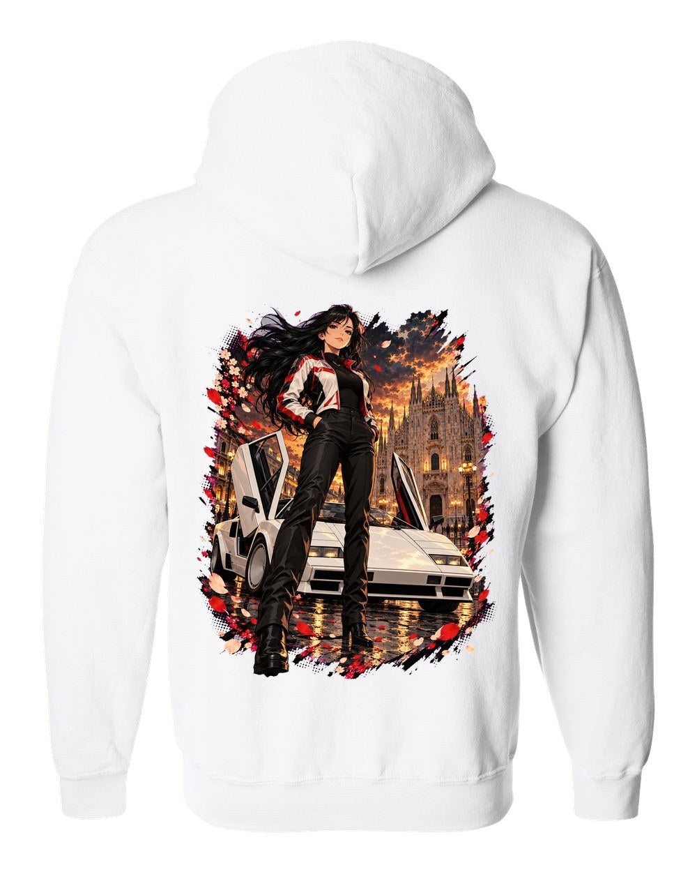Lamborghini Countach Anime Girl Zip Hoodie White back