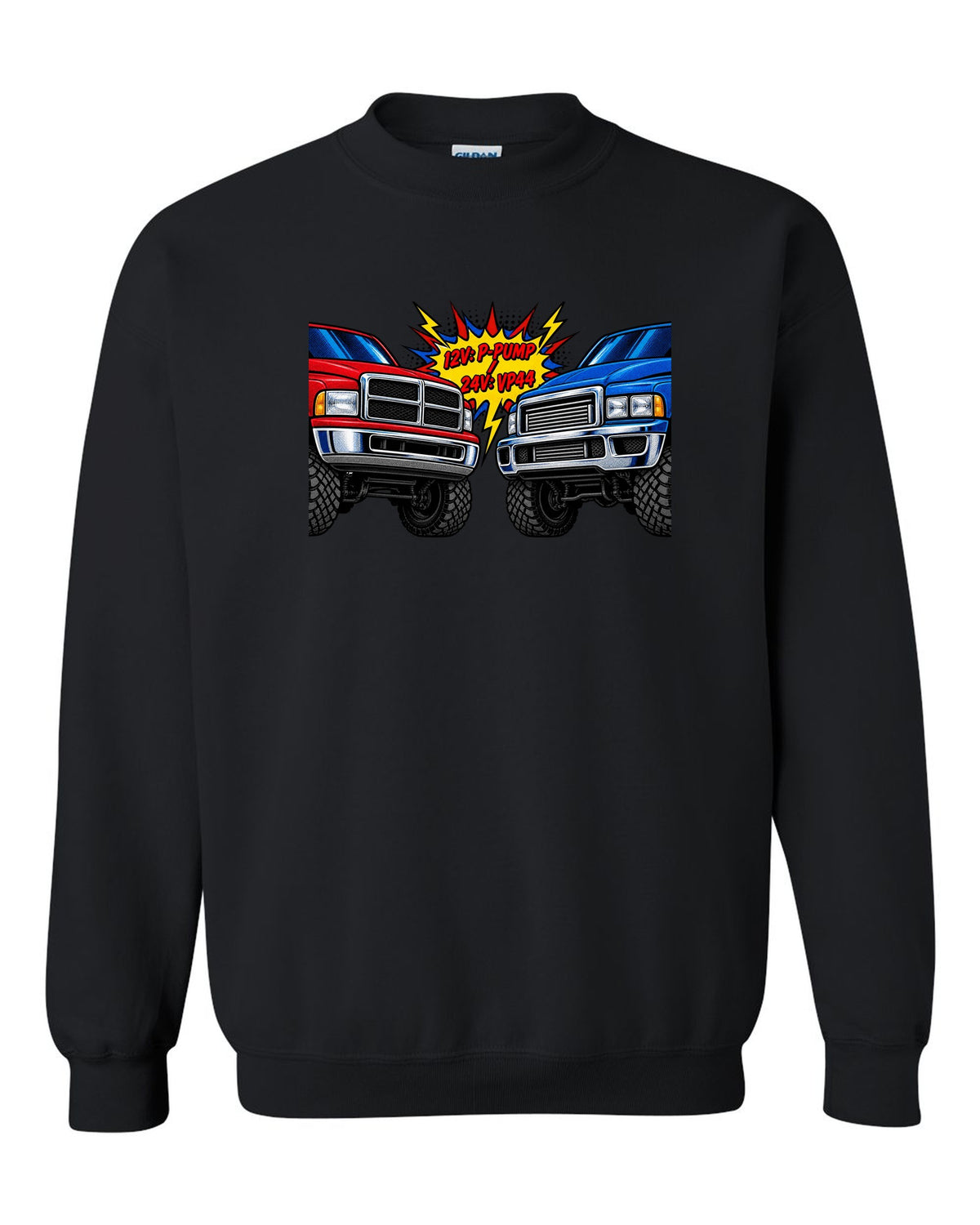 Comic halftone print comparing the 12V P-pump and 24V VP44 Cummins in a Ram 2500 black crewneck front view with the design
