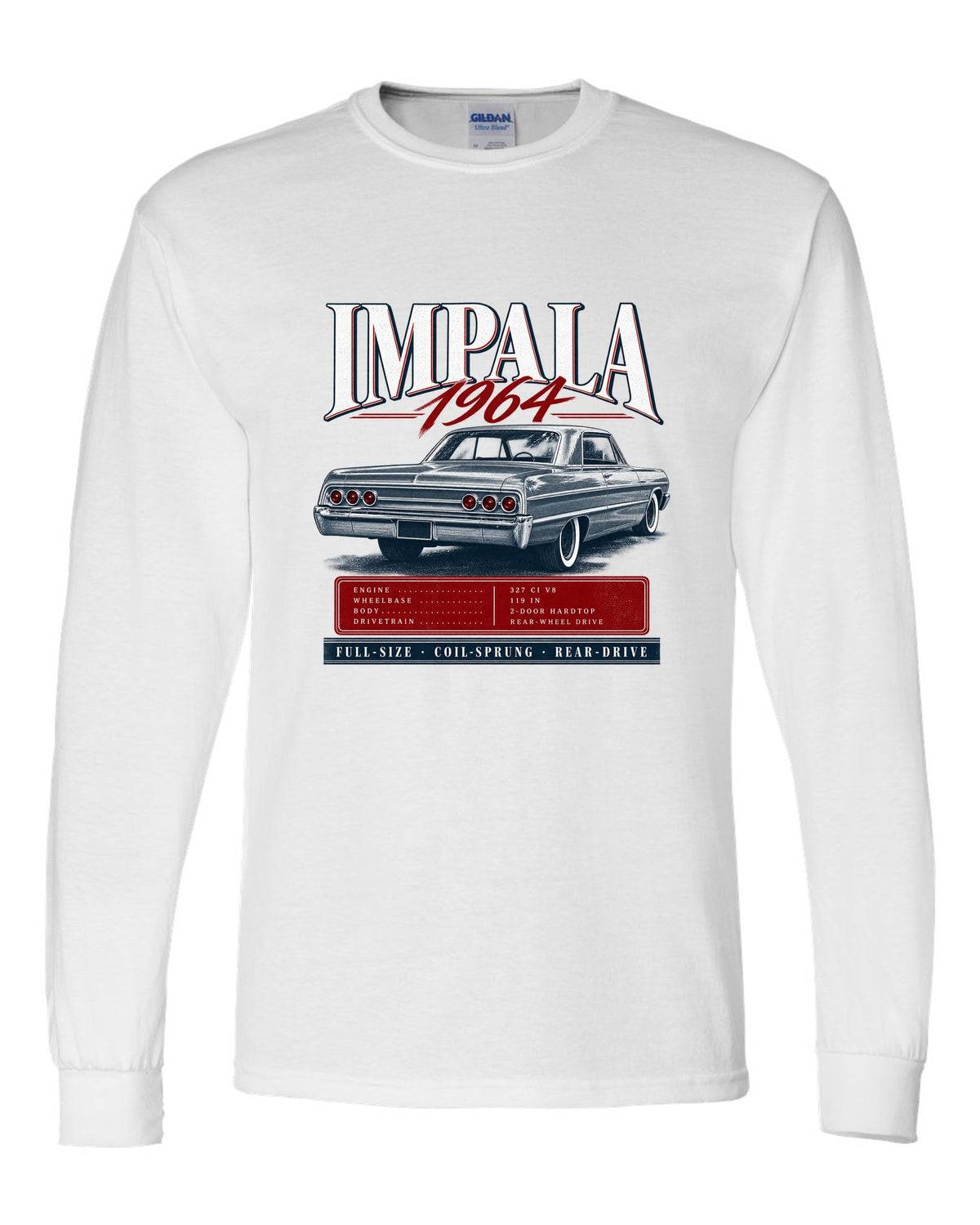 1964 Impala SS B-body rear three-quarter archive panel print white long sleeve front view with the design