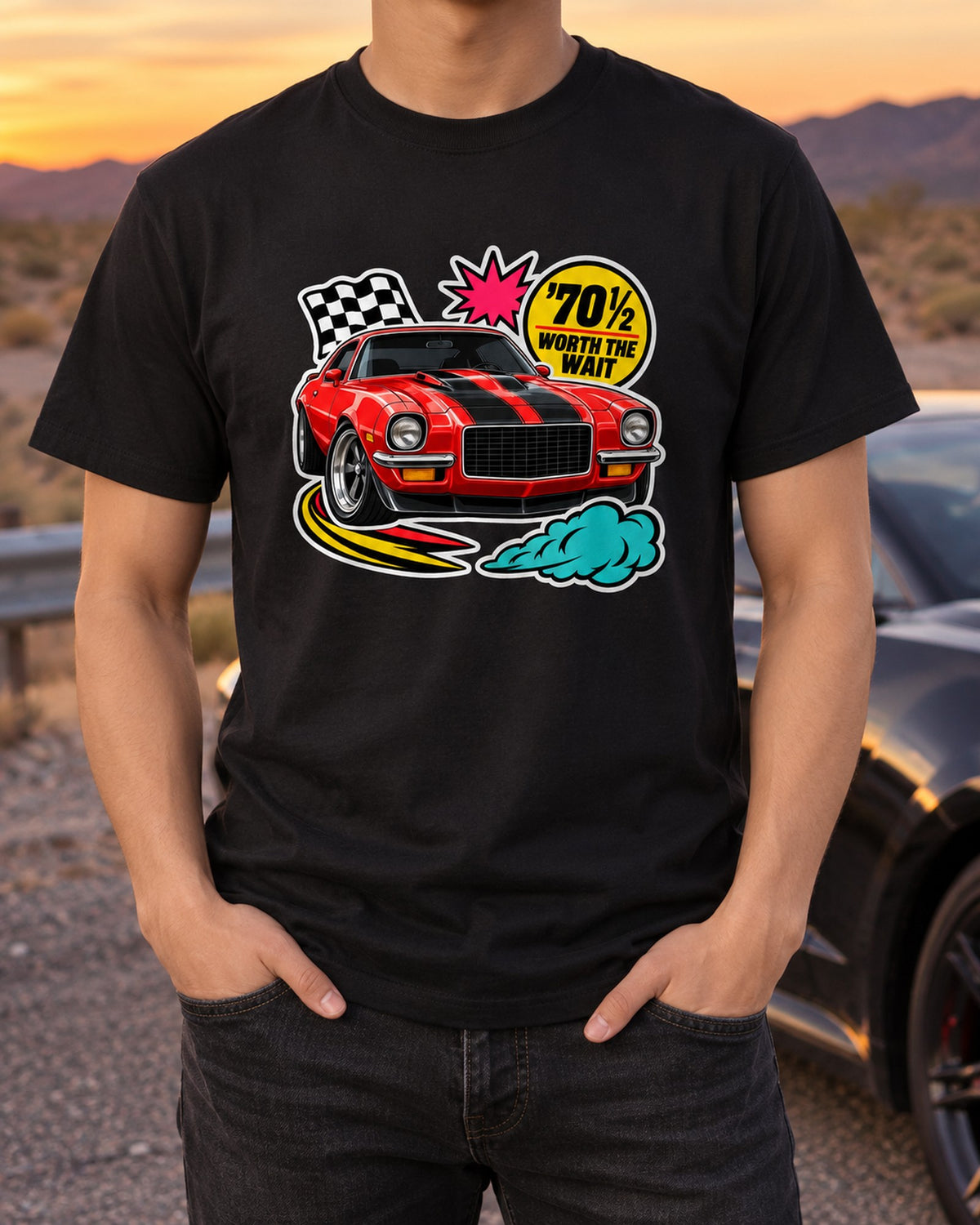 Chevrolet Camaro Z28 1970½ Sticker Bomb Shirt, Worth the Wait T-Shirt Black worn hero