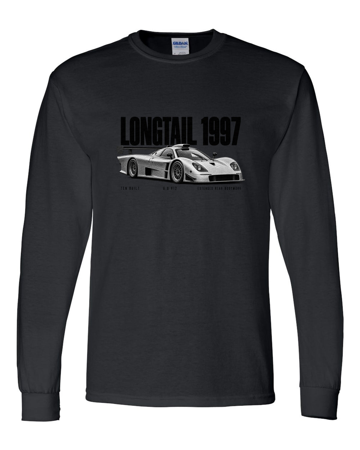 Halftone print of a 1997 McLaren F1 GTR Longtail with extended rear bodywork black long sleeve front view with the design