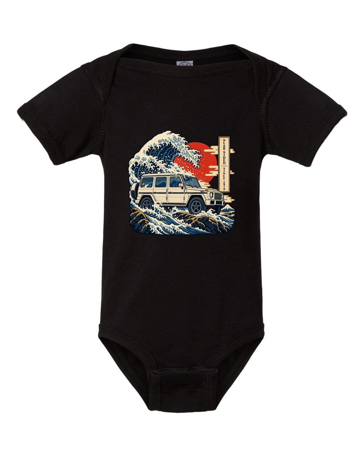 Bold crest graphic reading 577 HP and 2.5 Tonnes for the Mercedes G63 W464, print black baby onesie front view with the design