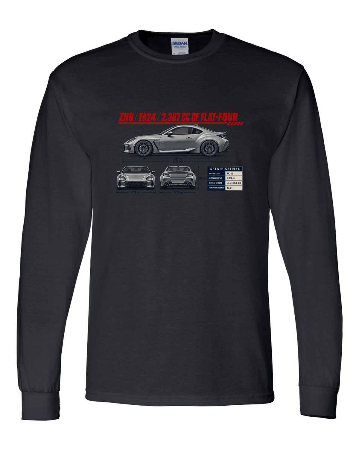 Three-view drawing with spec table of a Toyota GR86 ZN8, poster-style print black long sleeve front view with the design